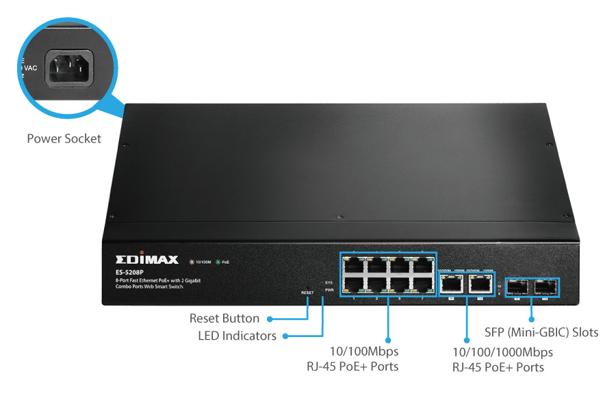 ES-5208P 8-Port Fast Ethernet PoE+ with 2 Gigabit Combo Ports Web Smart Switch