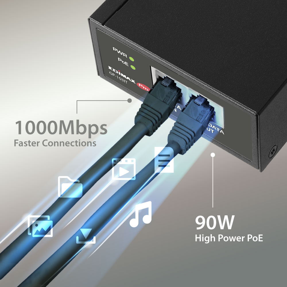 Industrial Gigabit Ethernet PoE injector, 90W PoE++, 802.3bt, 1 Port